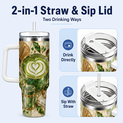 #pl[40oz|White] Matcha Latte 40oz Tumbler with Handle, Green Tea Stainless Steel Cup