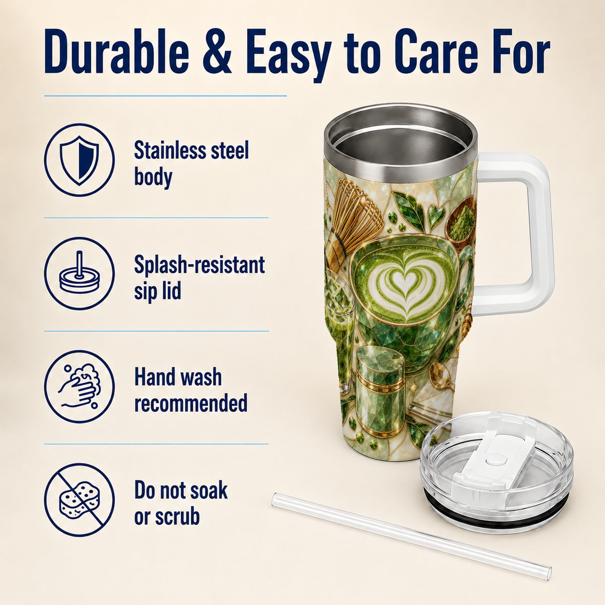 #pl[40oz|White] Matcha Latte 40oz Tumbler with Handle, Green Tea Stainless Steel Cup