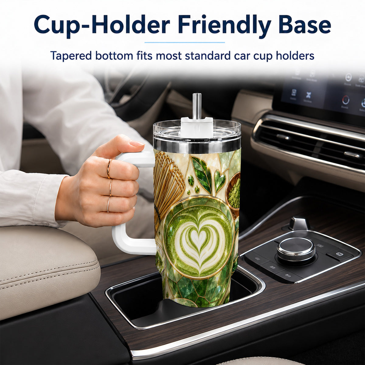 #pl[40oz|White] Matcha Latte 40oz Tumbler with Handle, Green Tea Stainless Steel Cup