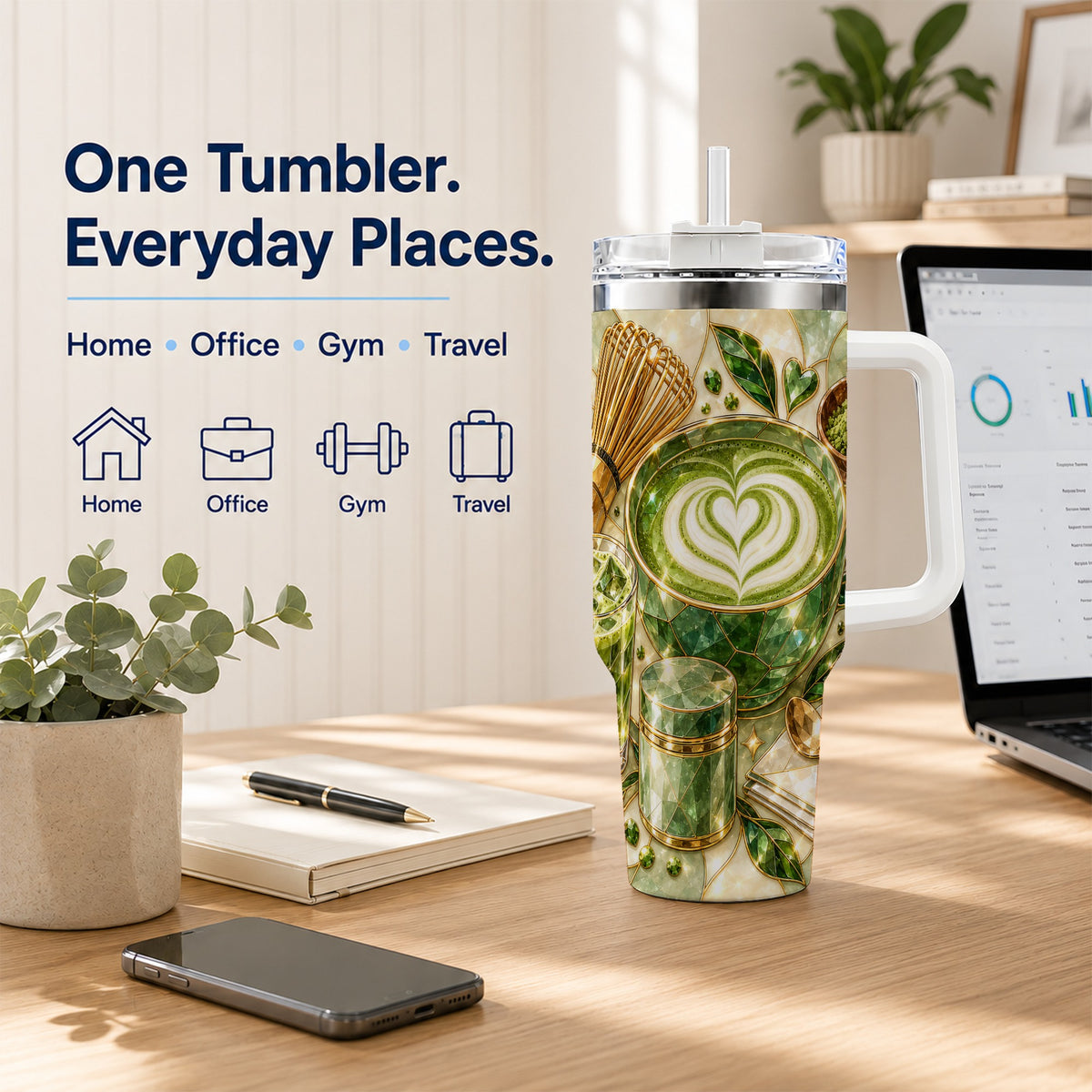 #pl[40oz|White] Matcha Latte 40oz Tumbler with Handle, Green Tea Stainless Steel Cup