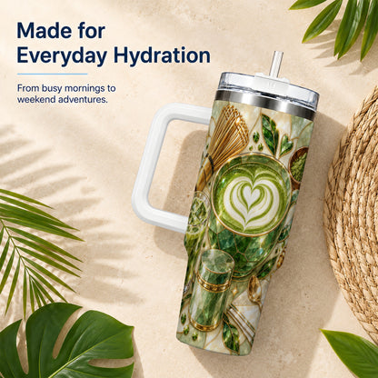 #pl[40oz|White] Matcha Latte 40oz Tumbler with Handle, Green Tea Stainless Steel Cup