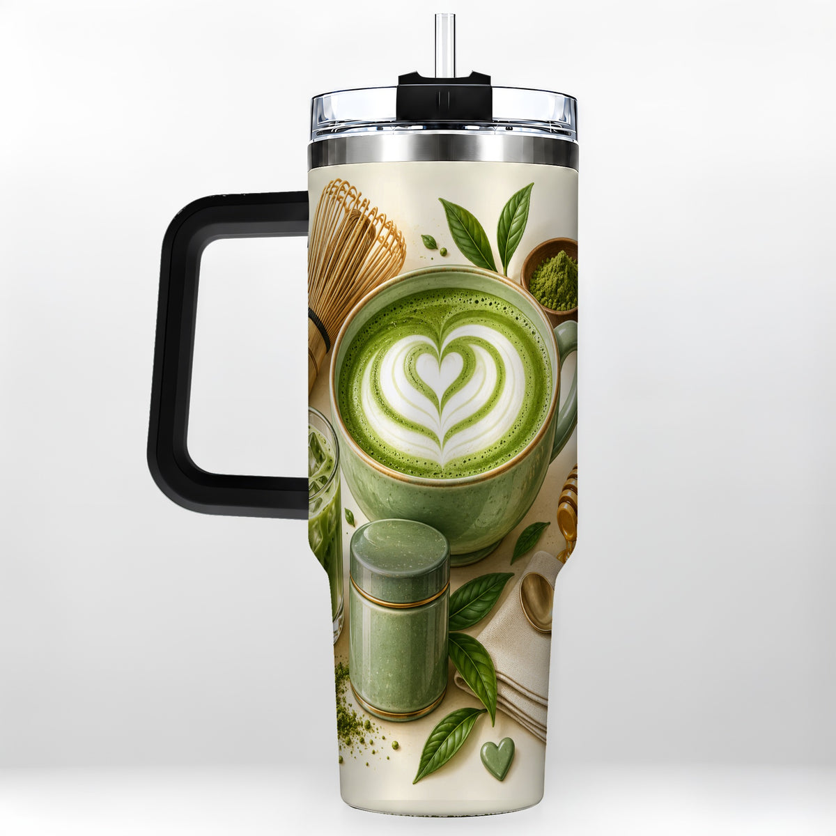 #pl[40oz|Black] Matcha Tea 40oz Tumbler with Handle, Botanical Stainless Steel Cup