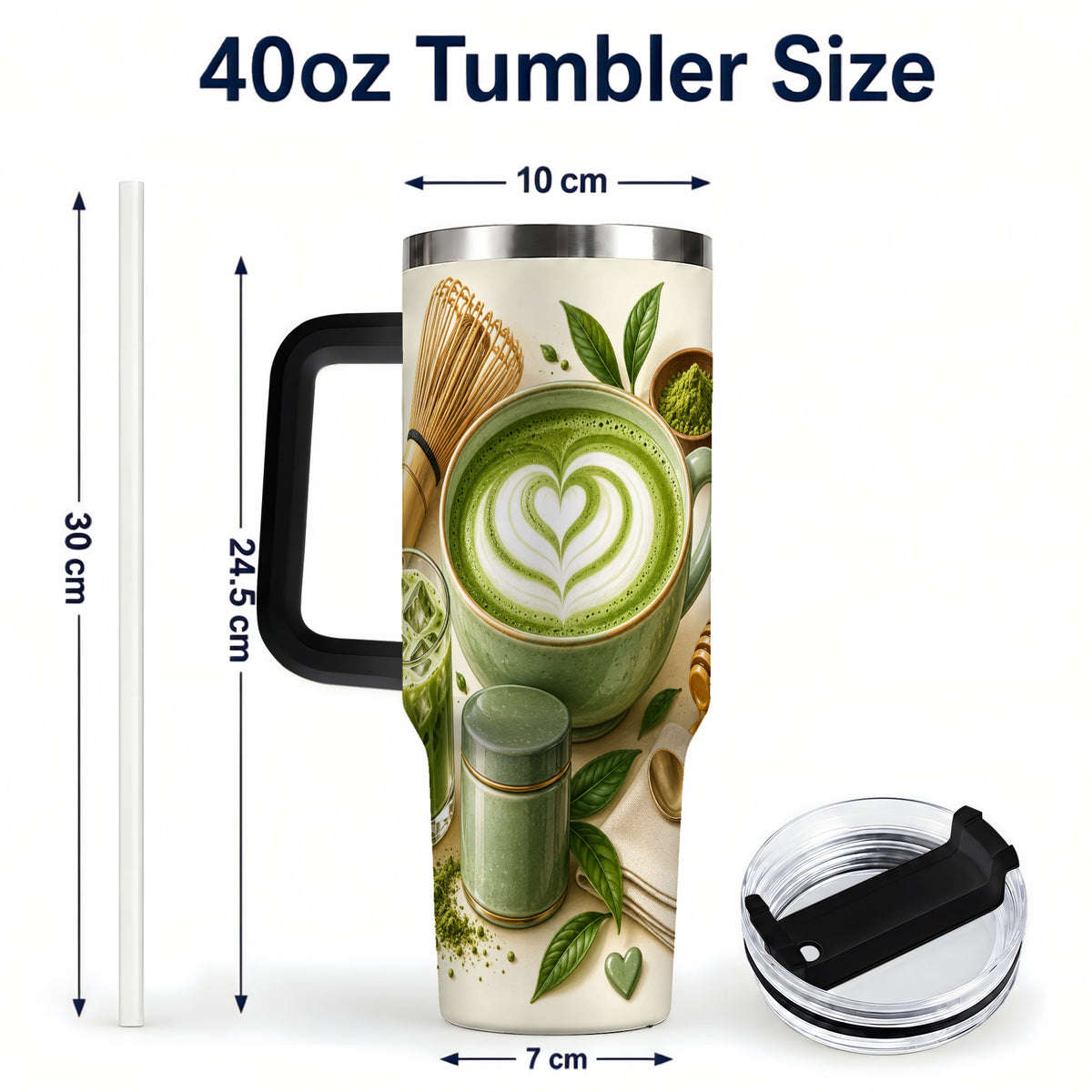#pl[40oz|Black] Matcha Tea 40oz Tumbler with Handle, Botanical Stainless Steel Cup