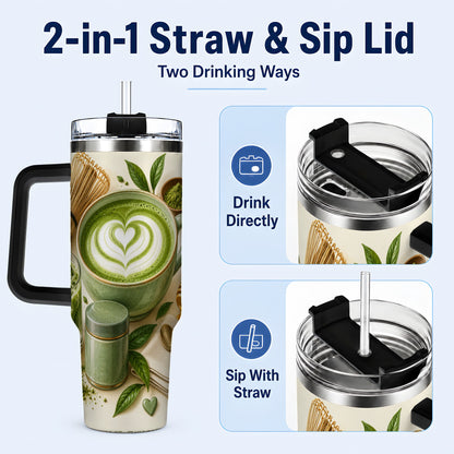#pl[40oz|Black] Matcha Tea 40oz Tumbler with Handle, Botanical Stainless Steel Cup