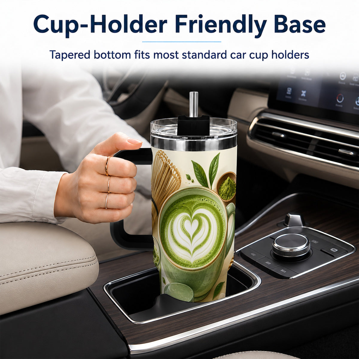 #pl[40oz|Black] Matcha Tea 40oz Tumbler with Handle, Botanical Stainless Steel Cup