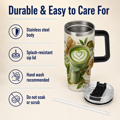 #pl[40oz|Black] Matcha Tea 40oz Tumbler with Handle, Botanical Stainless Steel Cup