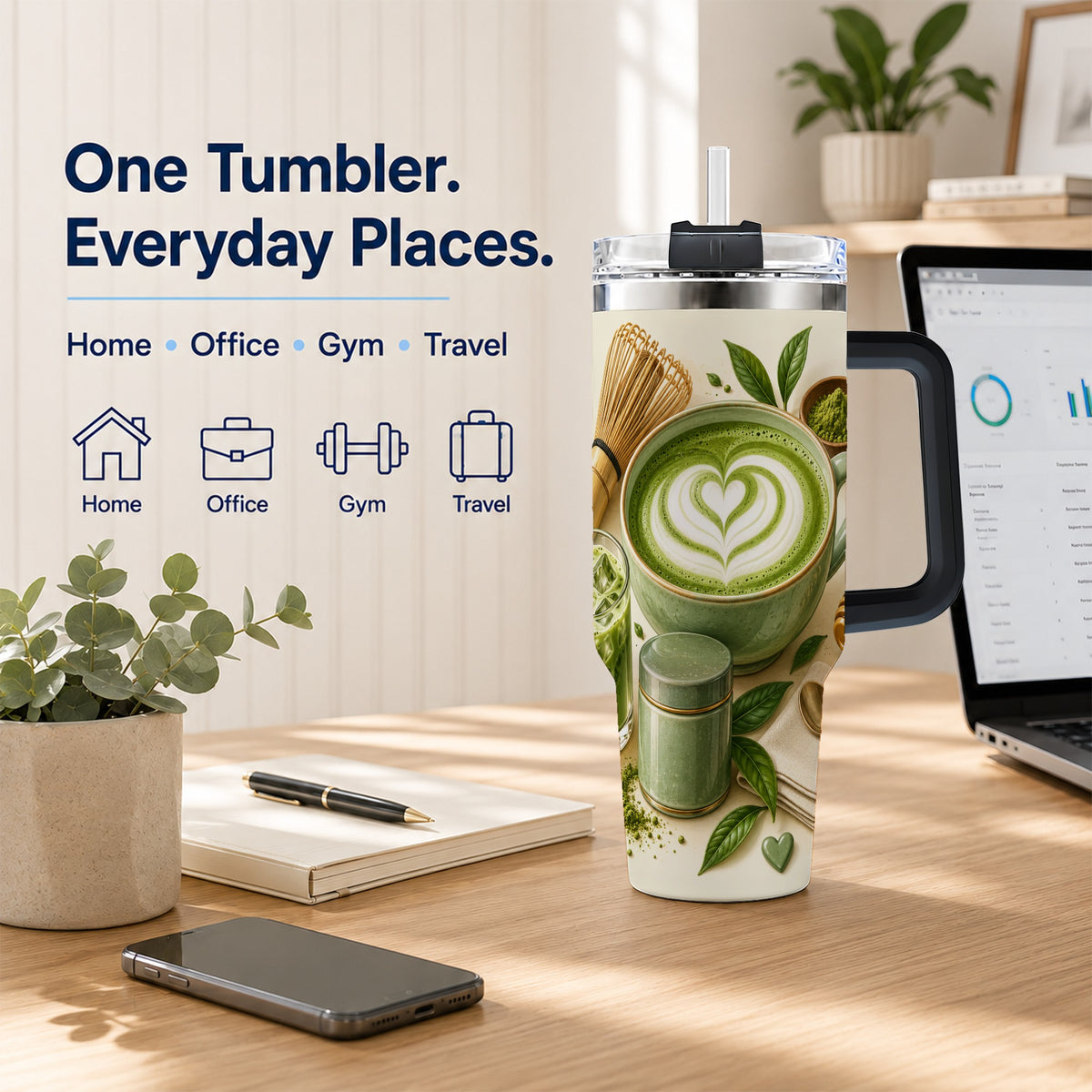 #pl[40oz|Black] Matcha Tea 40oz Tumbler with Handle, Botanical Stainless Steel Cup