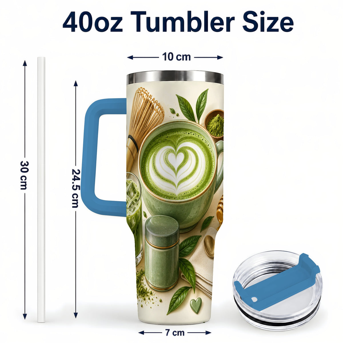 #pl[40oz|Blue] Matcha Tea 40oz Tumbler with Handle, Botanical Stainless Steel Cup