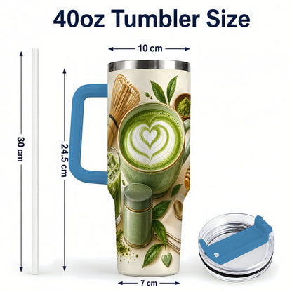 #pl[40oz|Blue] Matcha Tea 40oz Tumbler with Handle, Botanical Stainless Steel Cup