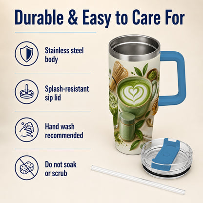 #pl[40oz|Blue] Matcha Tea 40oz Tumbler with Handle, Botanical Stainless Steel Cup