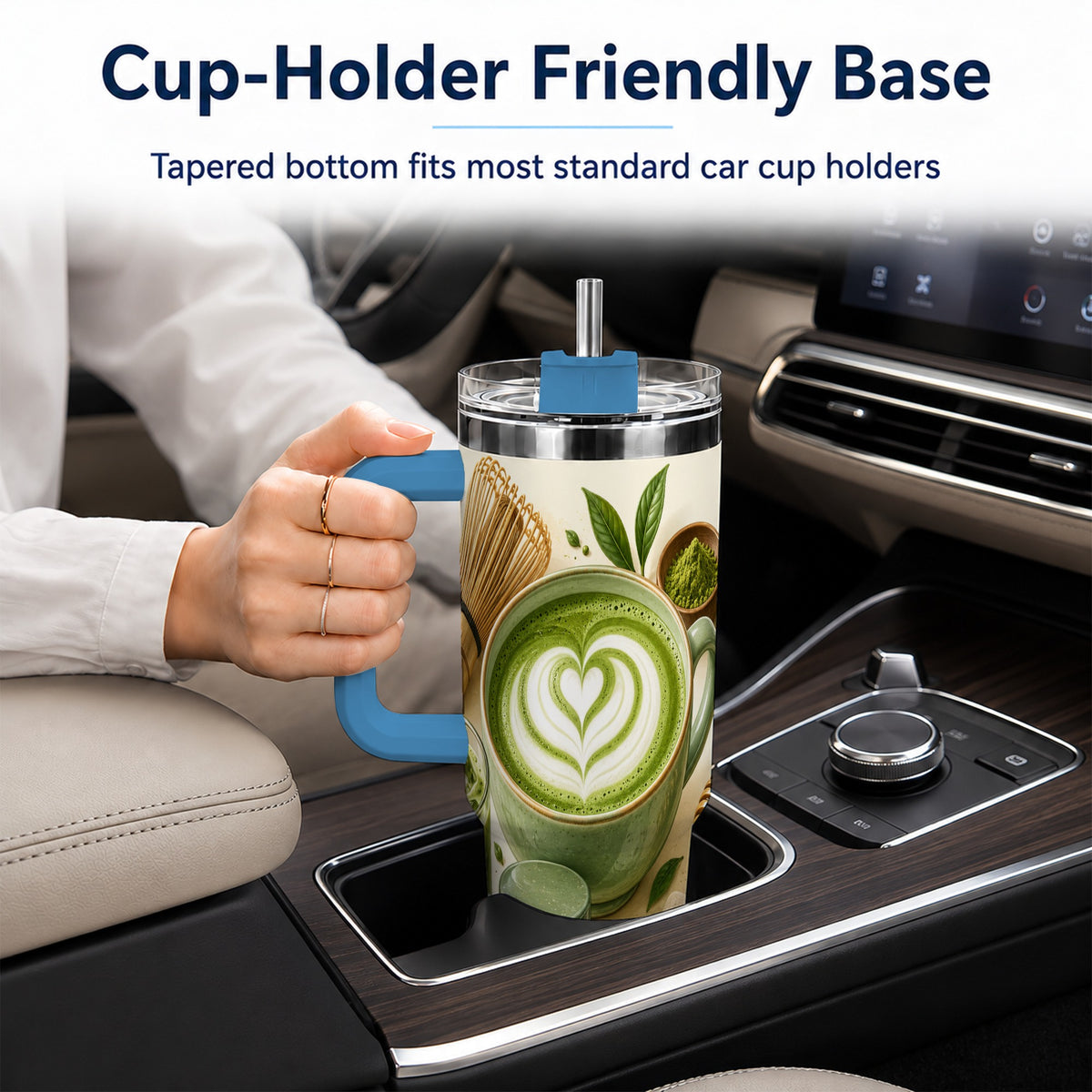 #pl[40oz|Blue] Matcha Tea 40oz Tumbler with Handle, Botanical Stainless Steel Cup