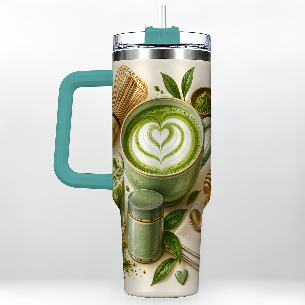 #pl[40oz|Green] Matcha Tea 40oz Tumbler with Handle, Botanical Stainless Steel Cup