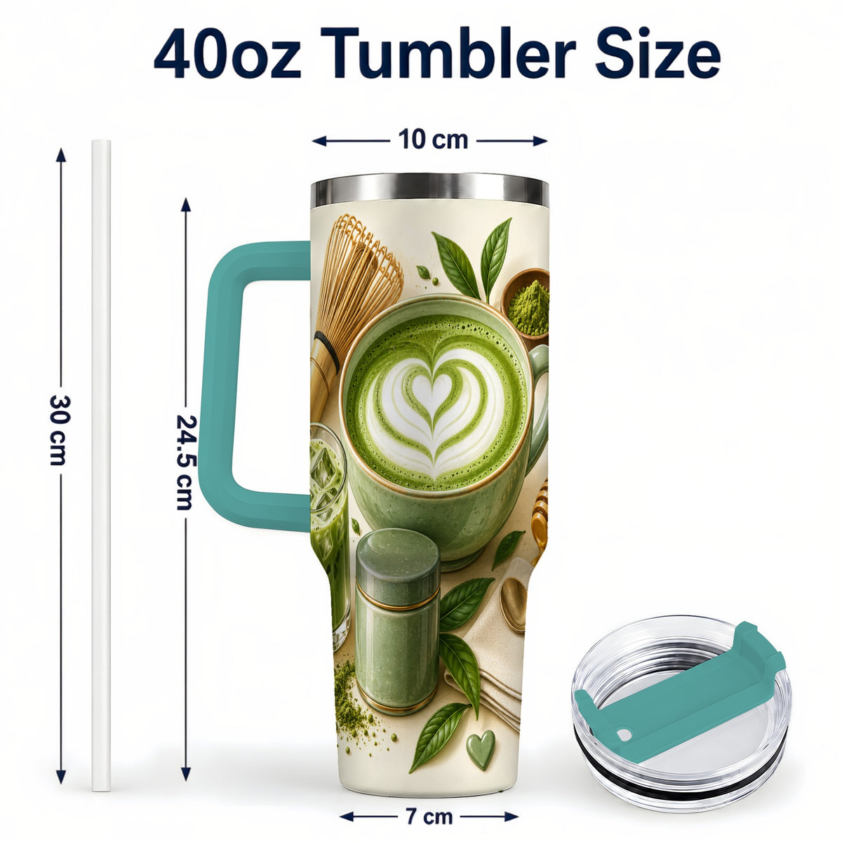 #pl[40oz|Green] Matcha Tea 40oz Tumbler with Handle, Botanical Stainless Steel Cup
