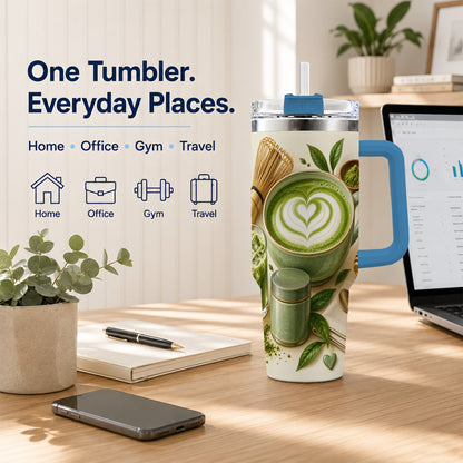 #pl[40oz|Blue] Matcha Tea 40oz Tumbler with Handle, Botanical Stainless Steel Cup