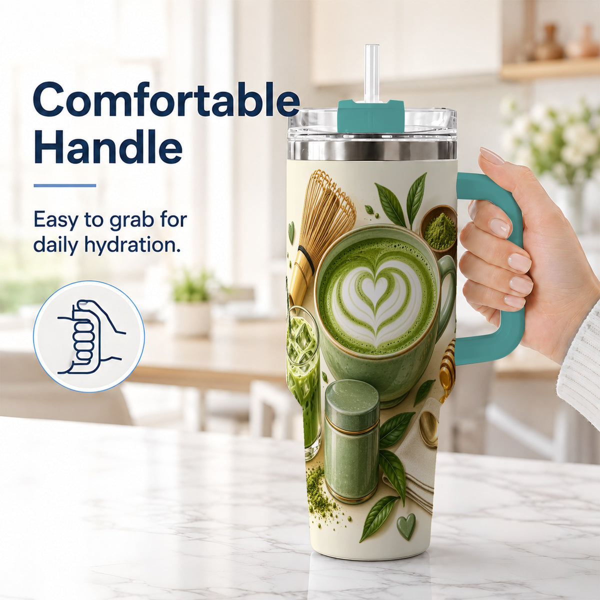 #pl[40oz|Green] Matcha Tea 40oz Tumbler with Handle, Botanical Stainless Steel Cup