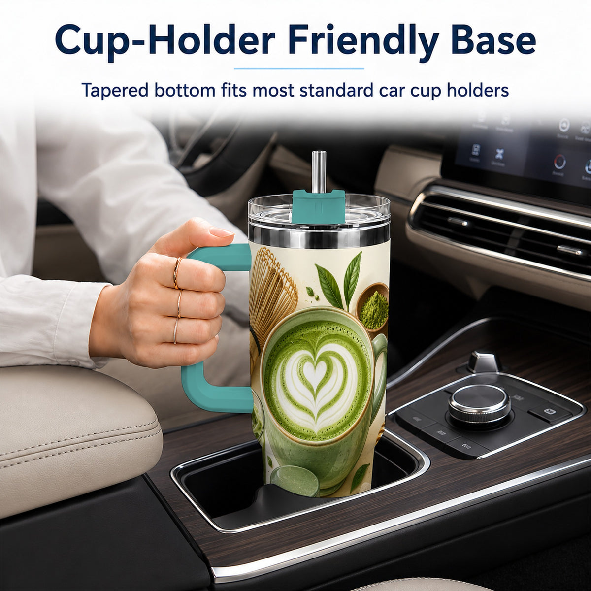 #pl[40oz|Green] Matcha Tea 40oz Tumbler with Handle, Botanical Stainless Steel Cup