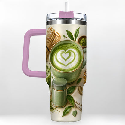 #pl[40oz|Pink] Matcha Tea 40oz Tumbler with Handle, Botanical Stainless Steel Cup