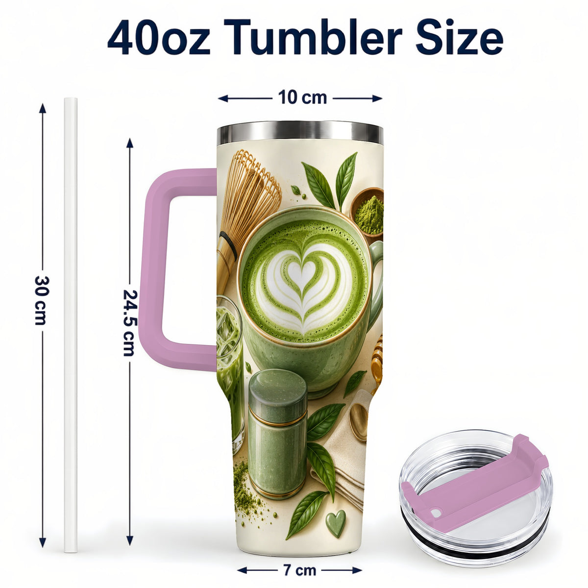 #pl[40oz|Pink] Matcha Tea 40oz Tumbler with Handle, Botanical Stainless Steel Cup