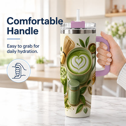 #pl[40oz|Pink] Matcha Tea 40oz Tumbler with Handle, Botanical Stainless Steel Cup