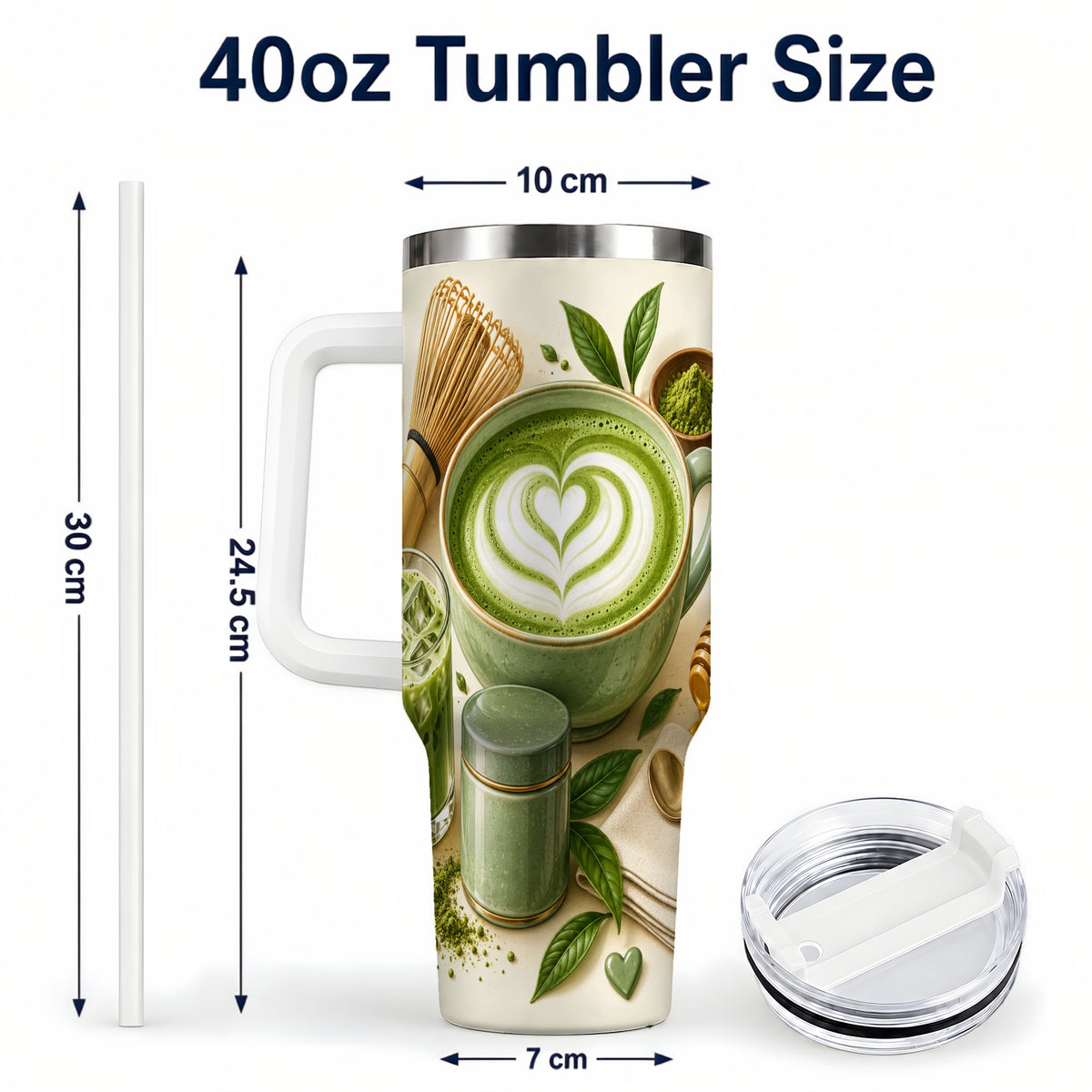 #pl[40oz|White] Matcha Tea 40oz Tumbler with Handle, Botanical Stainless Steel Cup