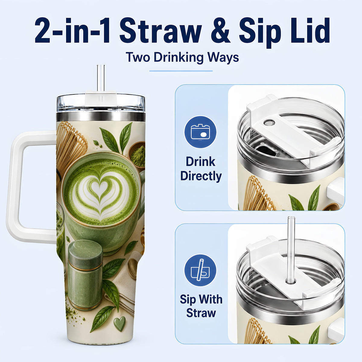 #pl[40oz|White] Matcha Tea 40oz Tumbler with Handle, Botanical Stainless Steel Cup