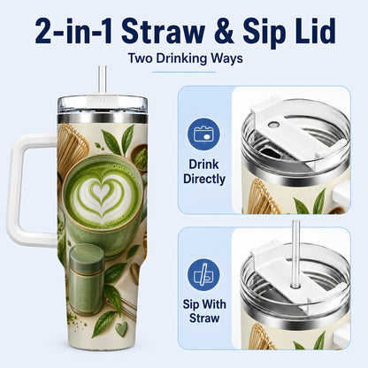 #pl[40oz|White] Matcha Tea 40oz Tumbler with Handle, Botanical Stainless Steel Cup