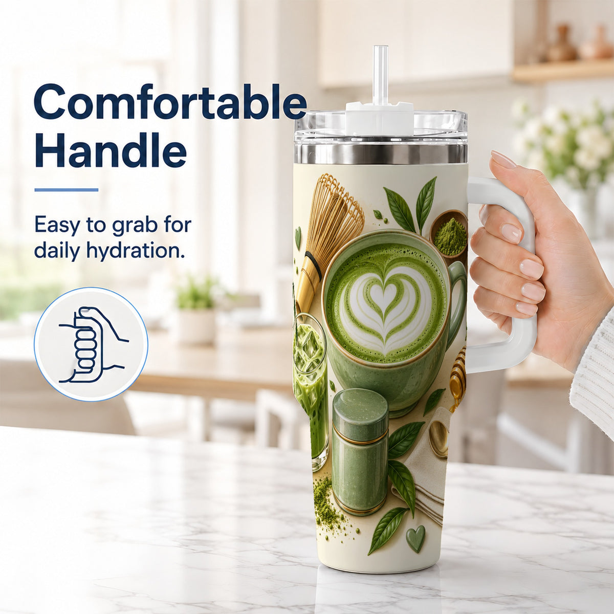 #pl[40oz|White] Matcha Tea 40oz Tumbler with Handle, Botanical Stainless Steel Cup