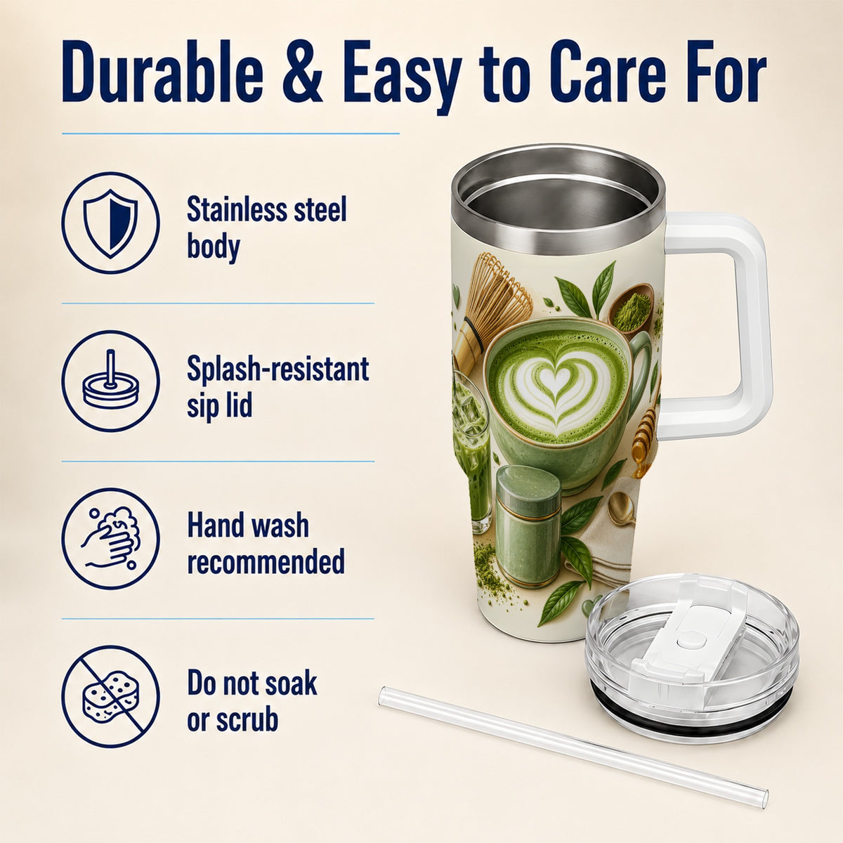 #pl[40oz|White] Matcha Tea 40oz Tumbler with Handle, Botanical Stainless Steel Cup