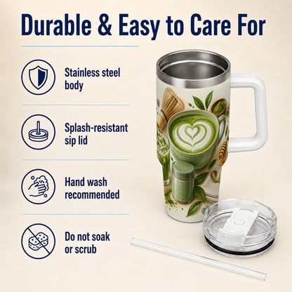 #pl[40oz|White] Matcha Tea 40oz Tumbler with Handle, Botanical Stainless Steel Cup