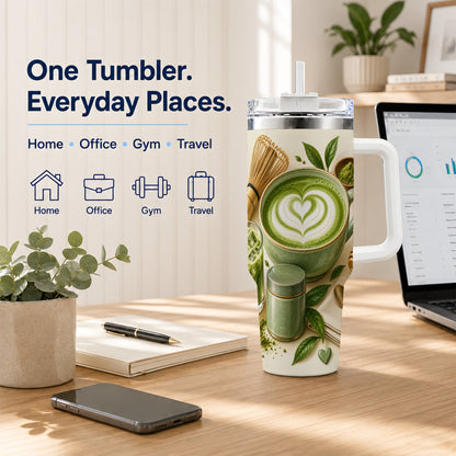 #pl[40oz|White] Matcha Tea 40oz Tumbler with Handle, Botanical Stainless Steel Cup