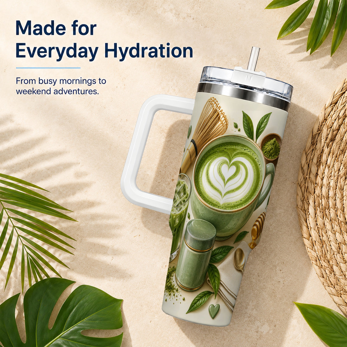 #pl[40oz|White] Matcha Tea 40oz Tumbler with Handle, Botanical Stainless Steel Cup