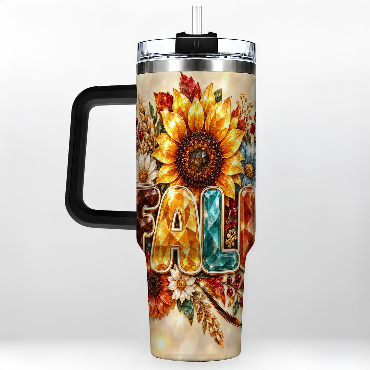 #pl[40oz|Black] Fall Sunflower 40oz Tumbler with Handle, Autumn Stainless Steel Cup