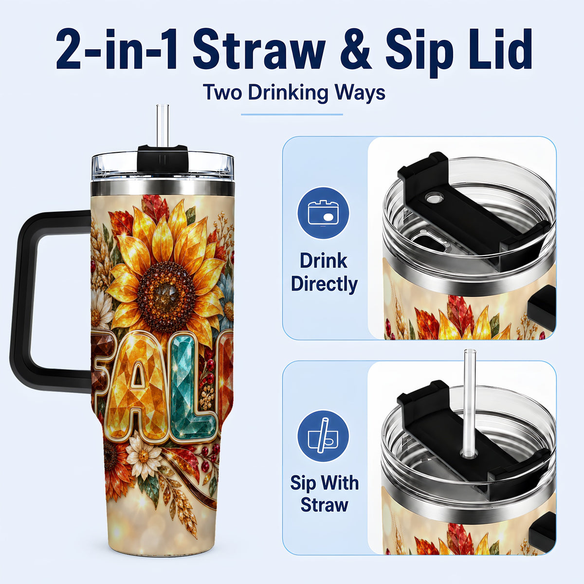 #pl[40oz|Black] Fall Sunflower 40oz Tumbler with Handle, Autumn Stainless Steel Cup