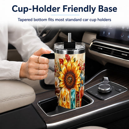 #pl[40oz|Black] Fall Sunflower 40oz Tumbler with Handle, Autumn Stainless Steel Cup