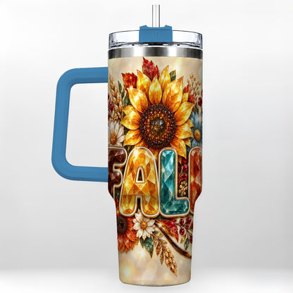 #pl[40oz|Blue] Fall Sunflower 40oz Tumbler with Handle, Autumn Stainless Steel Cup