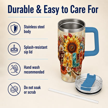 #pl[40oz|Blue] Fall Sunflower 40oz Tumbler with Handle, Autumn Stainless Steel Cup