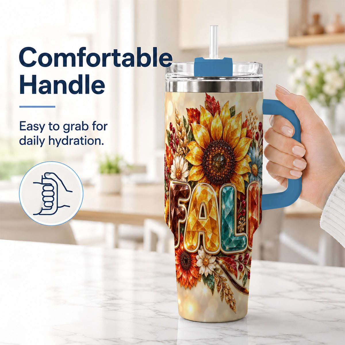 #pl[40oz|Blue] Fall Sunflower 40oz Tumbler with Handle, Autumn Stainless Steel Cup