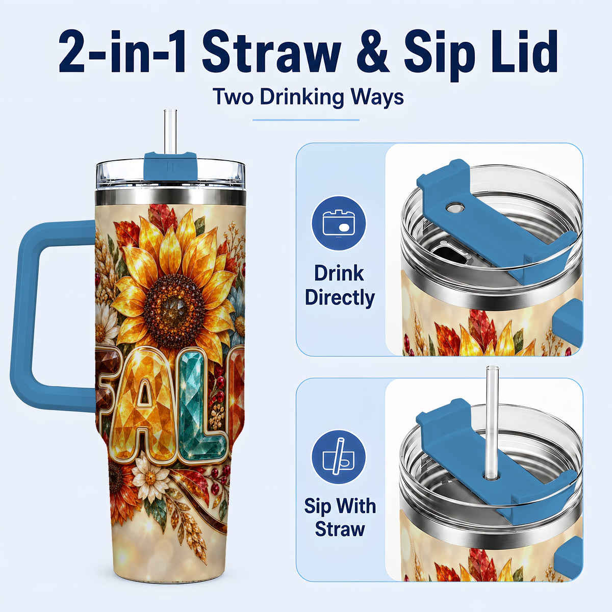#pl[40oz|Blue] Fall Sunflower 40oz Tumbler with Handle, Autumn Stainless Steel Cup
