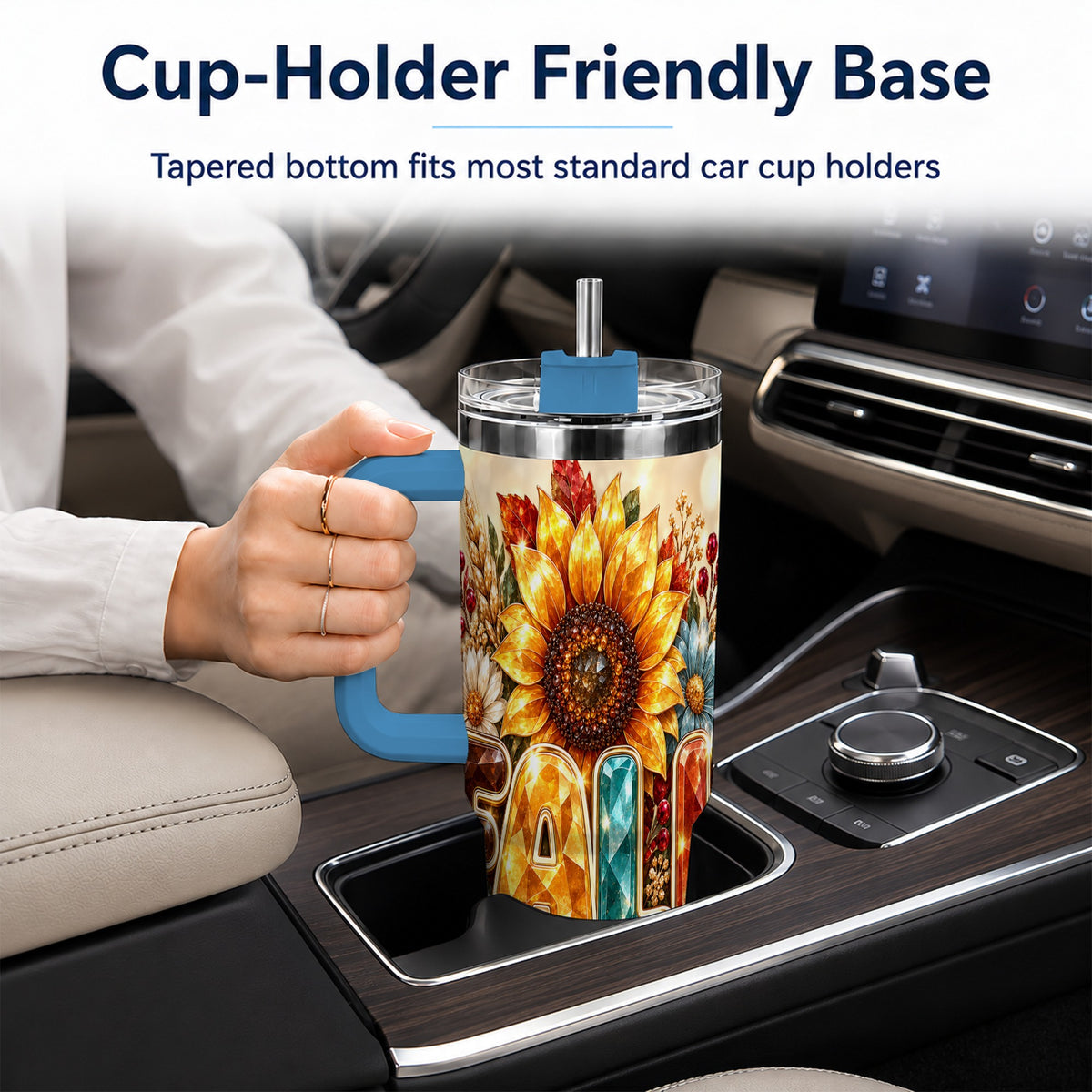 #pl[40oz|Blue] Fall Sunflower 40oz Tumbler with Handle, Autumn Stainless Steel Cup
