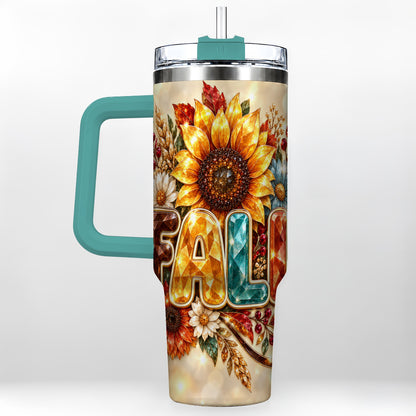 #pl[40oz|Green] Fall Sunflower 40oz Tumbler with Handle, Autumn Stainless Steel Cup