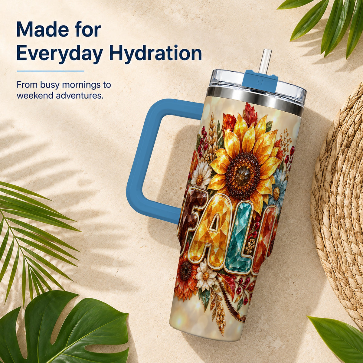 #pl[40oz|Blue] Fall Sunflower 40oz Tumbler with Handle, Autumn Stainless Steel Cup