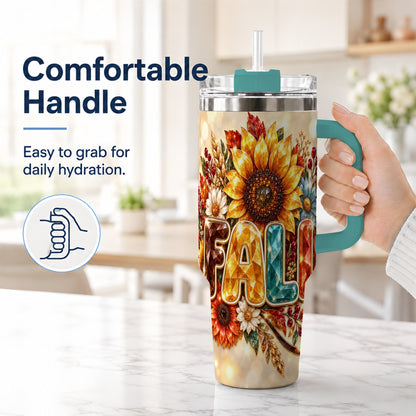 #pl[40oz|Green] Fall Sunflower 40oz Tumbler with Handle, Autumn Stainless Steel Cup