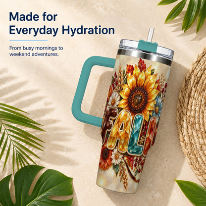 #pl[40oz|Green] Fall Sunflower 40oz Tumbler with Handle, Autumn Stainless Steel Cup
