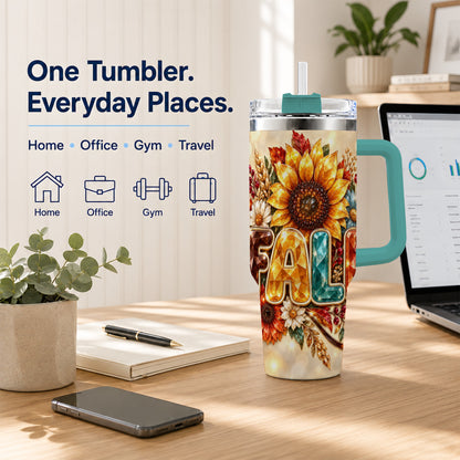 #pl[40oz|Green] Fall Sunflower 40oz Tumbler with Handle, Autumn Stainless Steel Cup