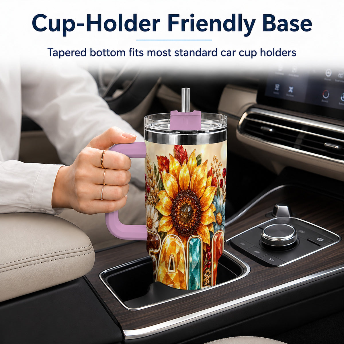 #pl[40oz|Pink] Fall Sunflower 40oz Tumbler with Handle, Autumn Stainless Steel Cup