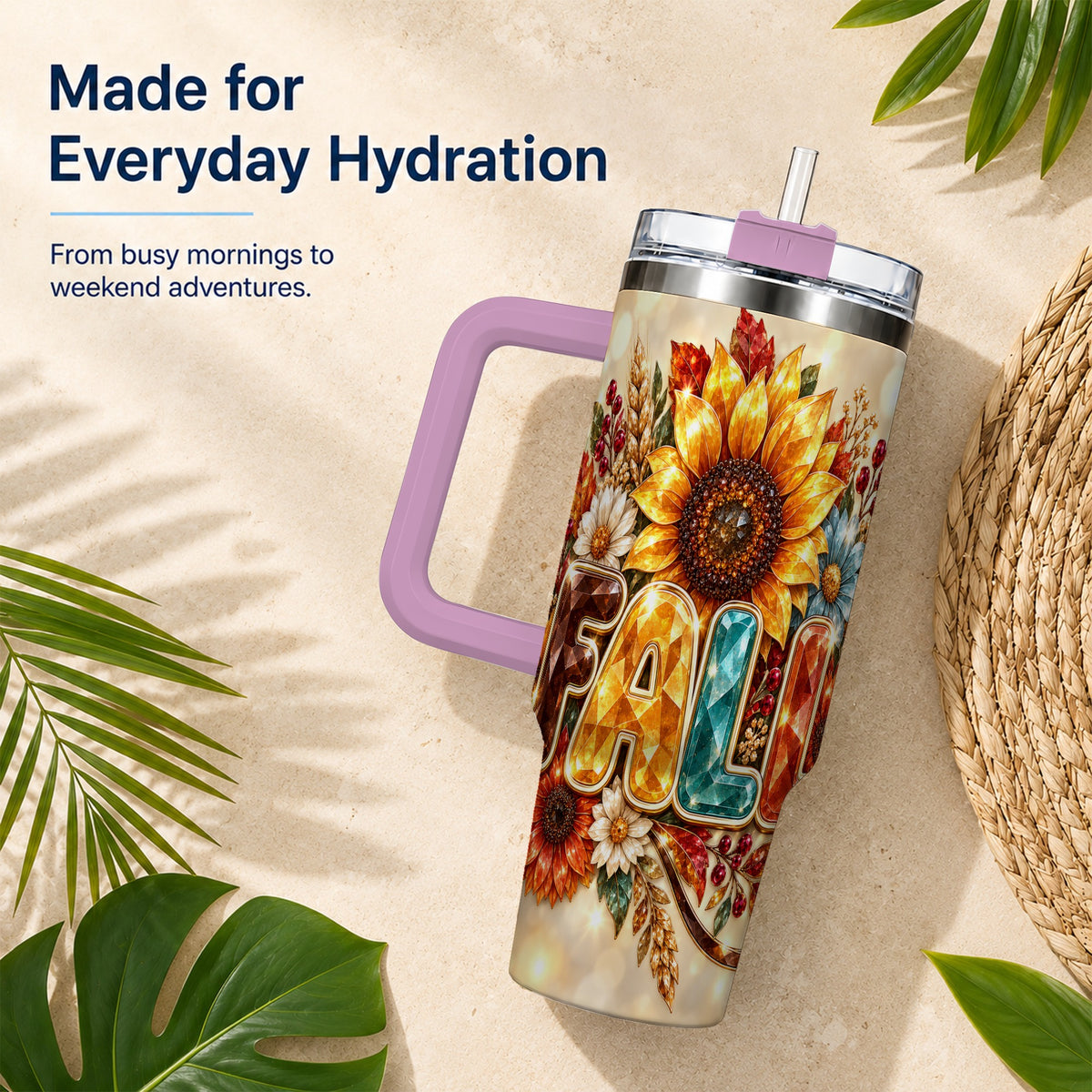 #pl[40oz|Pink] Fall Sunflower 40oz Tumbler with Handle, Autumn Stainless Steel Cup