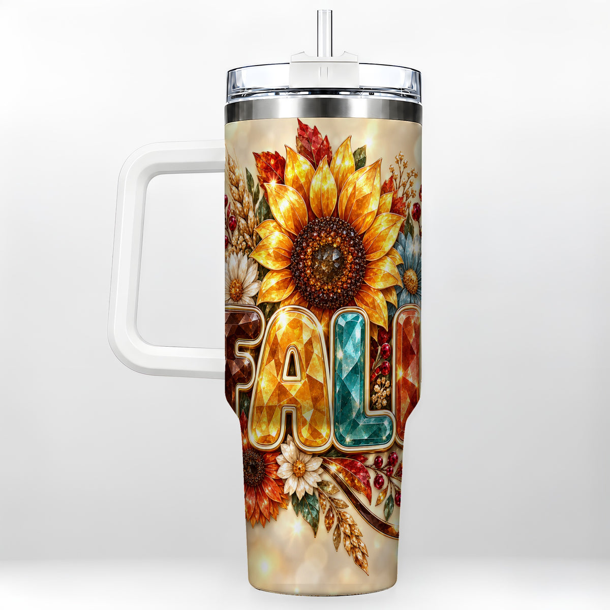 Fall Sunflower 40oz Tumbler with Handle, Autumn Stainless Steel Cup