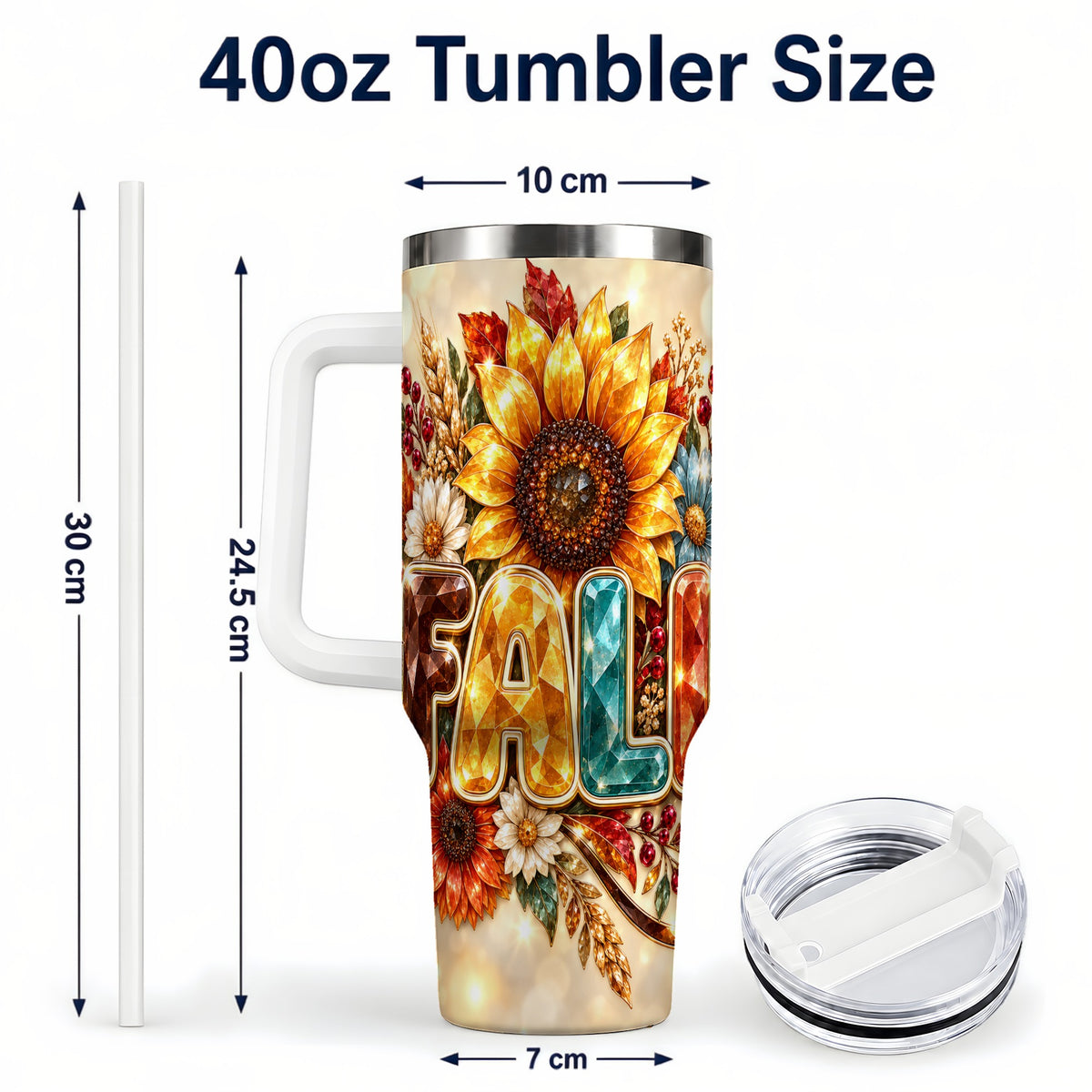#pl[40oz|White] Fall Sunflower 40oz Tumbler with Handle, Autumn Stainless Steel Cup