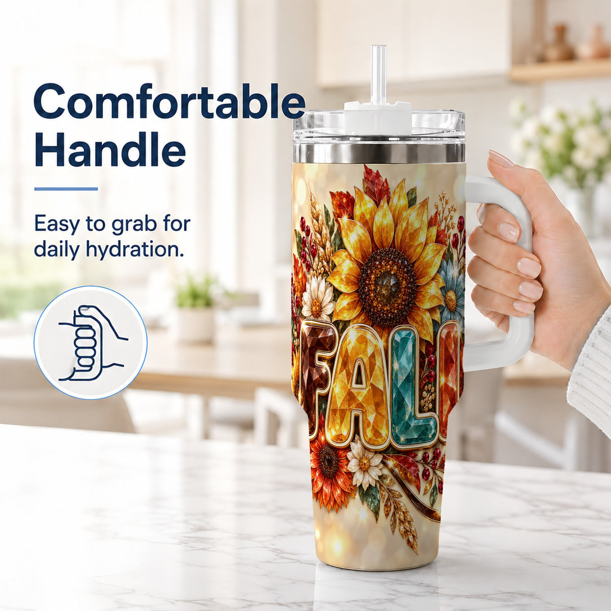 #pl[40oz|White] Fall Sunflower 40oz Tumbler with Handle, Autumn Stainless Steel Cup