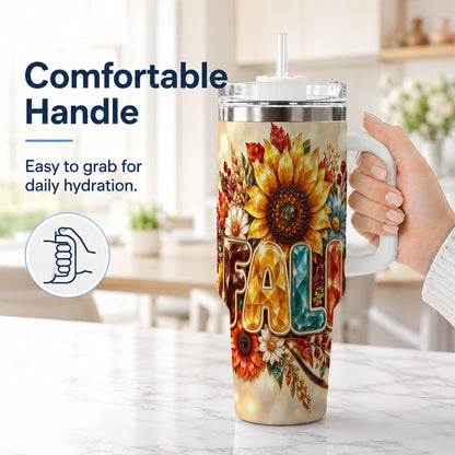 #pl[40oz|White] Fall Sunflower 40oz Tumbler with Handle, Autumn Stainless Steel Cup